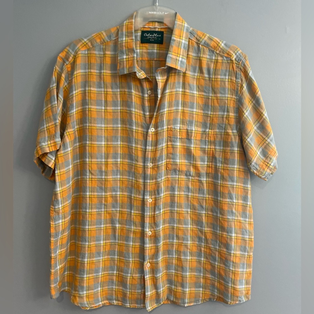 Men's Linen Short-Sleeve Yellow Blue Plaid Button-Up Shirt XL